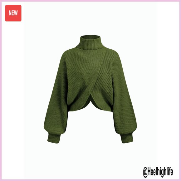 Sweaters - Cropped Turtleneck Sweater Ribbed Knit Lantern Sleeve Pullover